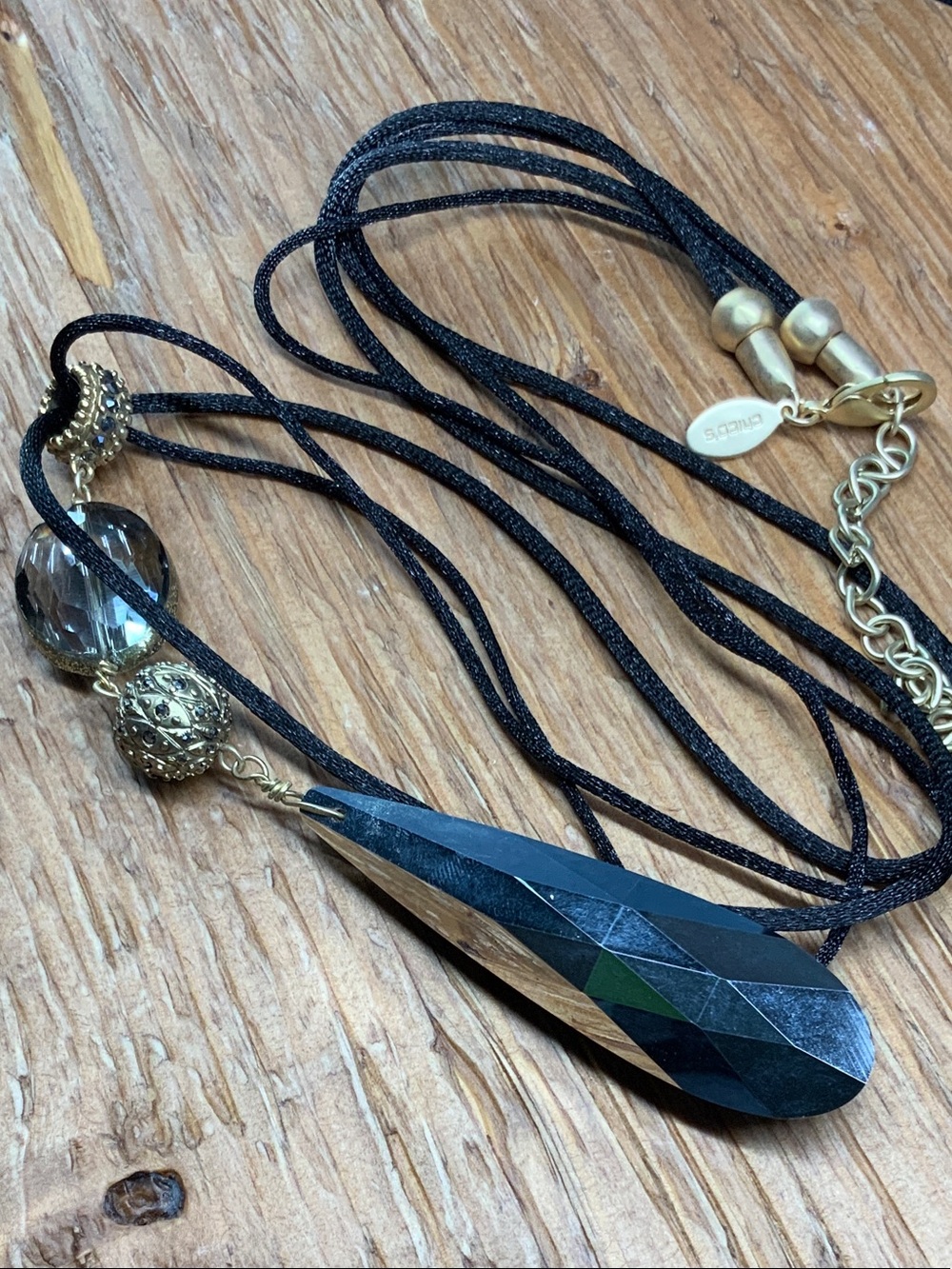 Chico's Black Faceted Teardrop Pendant Gold Tone Accents Multi Cord Necklace